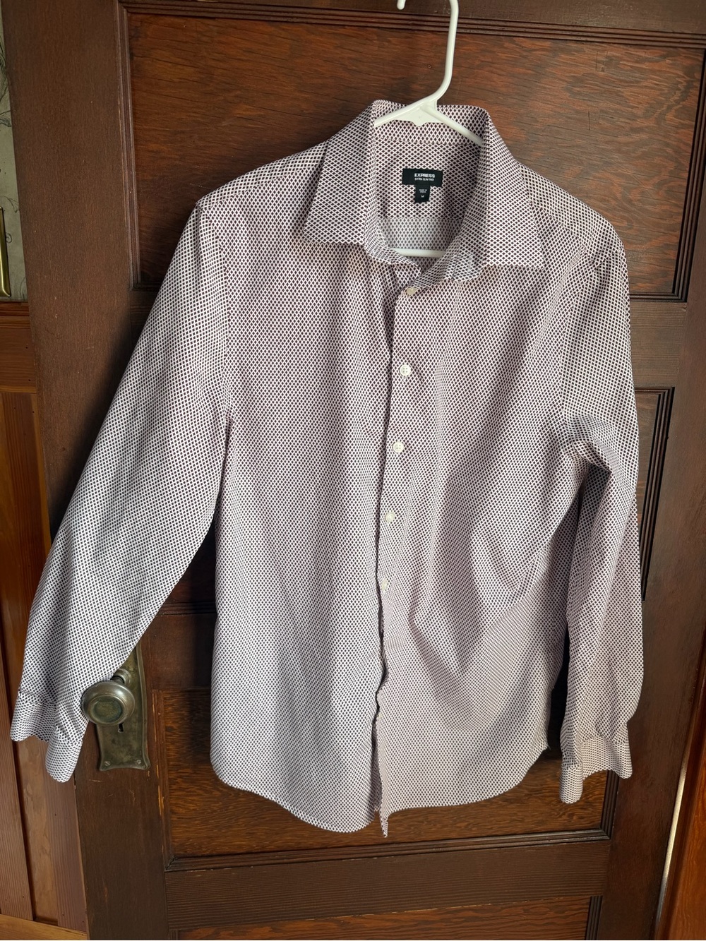 Express Men's Burgundy & White Microdot Stretch Dress Shirt